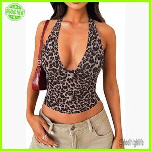 Mesh Halter Top V-Neck Backless Open Back Slim Fit Tank Top